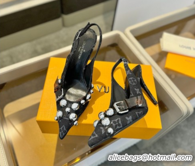Stylish Louis Vuitton Monogram Denim Slingback Pumps 9.5cm with Studs Black 0222049