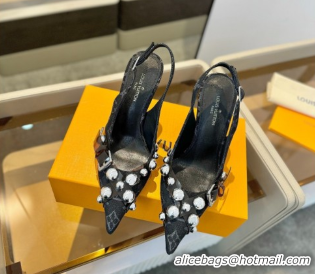 Stylish Louis Vuitton Monogram Denim Slingback Pumps 9.5cm with Studs Black 0222049