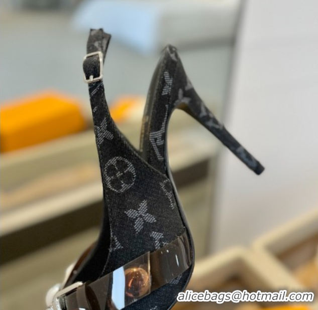 Stylish Louis Vuitton Monogram Denim Slingback Pumps 9.5cm with Studs Black 0222049
