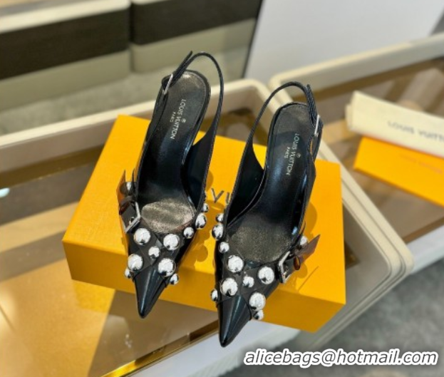 Good Quality Louis Vuitton Calfskin Slingback Pumps 9.5cm with Studs Black 0222050