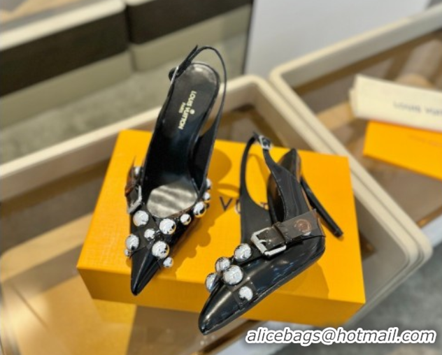 Good Quality Louis Vuitton Calfskin Slingback Pumps 9.5cm with Studs Black 0222050