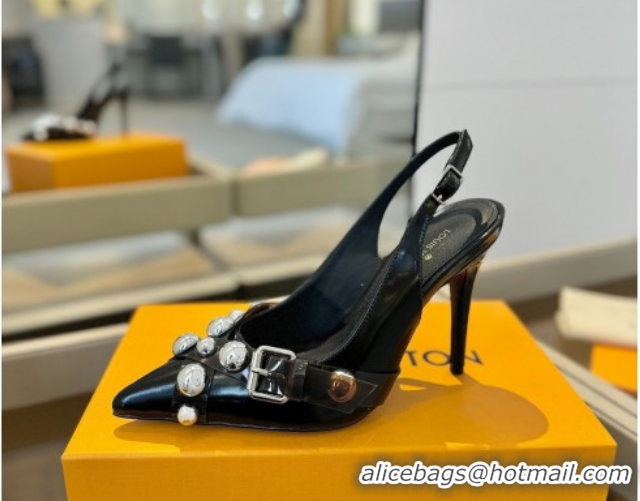 Good Quality Louis Vuitton Calfskin Slingback Pumps 9.5cm with Studs Black 0222050