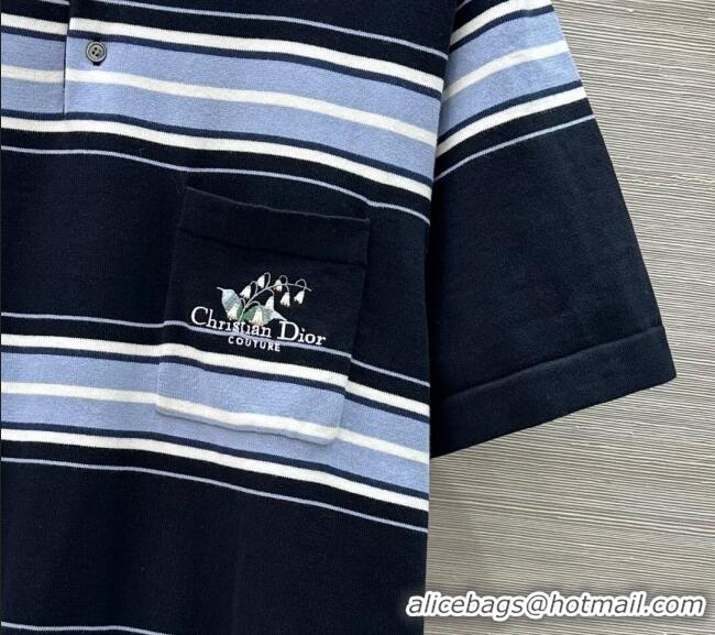 Well Crafted Dior Striped Polo T-Shirt 27025 Black/Blue 2025 (For Women and Men)