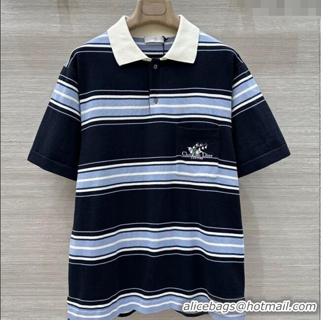 Well Crafted Dior Striped Polo T-Shirt 27025 Black/Blue 2025 (For Women and Men)