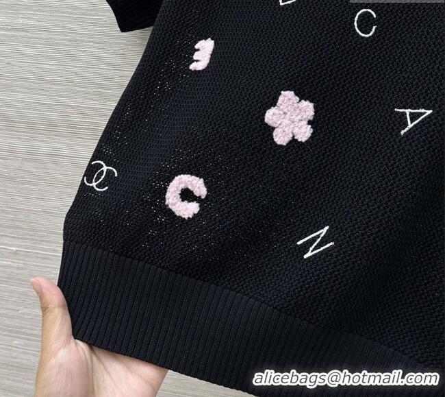 Grade Quality Chanel Knit Wool Mesh Top with Logo Patch 527008 Black 2025