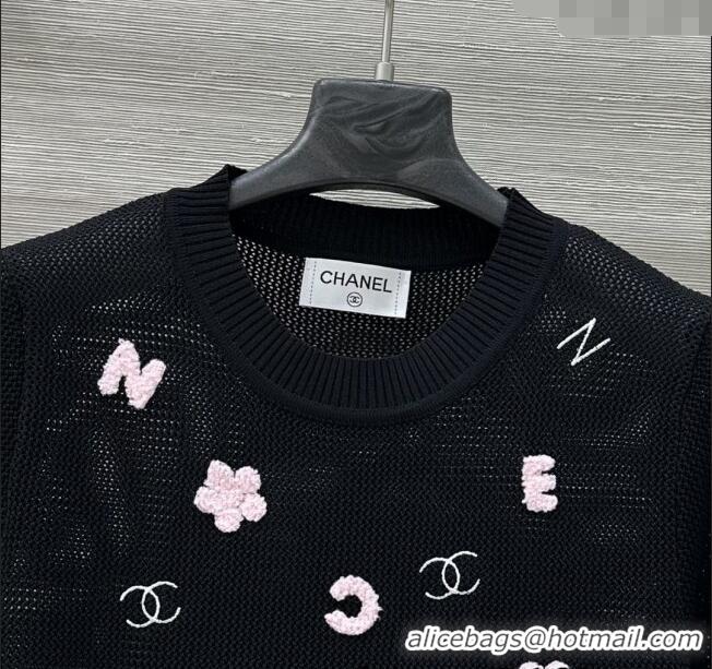 Grade Quality Chanel Knit Wool Mesh Top with Logo Patch 527008 Black 2025