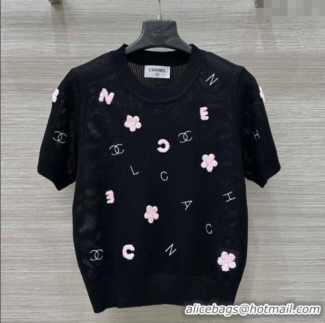 Grade Quality Chanel Knit Wool Mesh Top with Logo Patch 527008 Black 2025