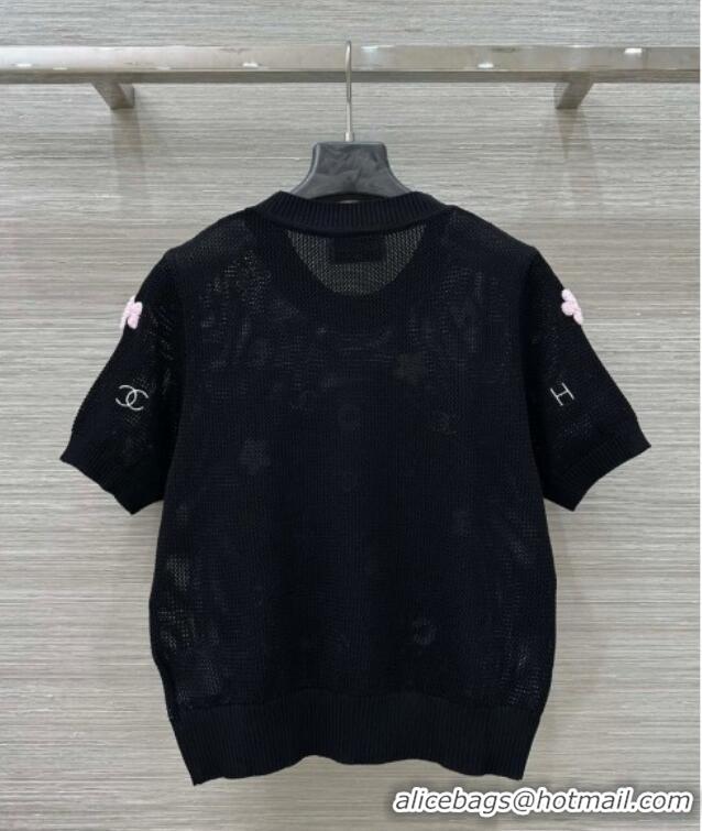 Grade Quality Chanel Knit Wool Mesh Top with Logo Patch 527008 Black 2025
