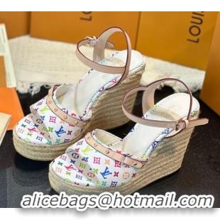 Sophisticated Louis Vuitton LV x TM Helios Wedge Sandals 8cm in Multicolor Monogram Canvas White 0222063