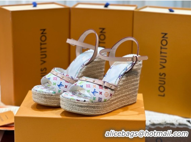 Sophisticated Louis Vuitton LV x TM Helios Wedge Sandals 8cm in Multicolor Monogram Canvas White 0222063