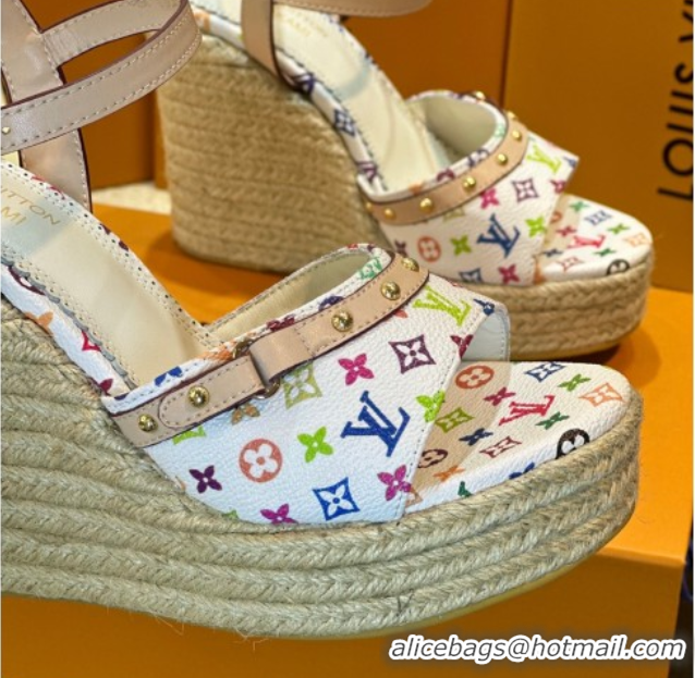 Sophisticated Louis Vuitton LV x TM Helios Wedge Sandals 8cm in Multicolor Monogram Canvas White 0222063