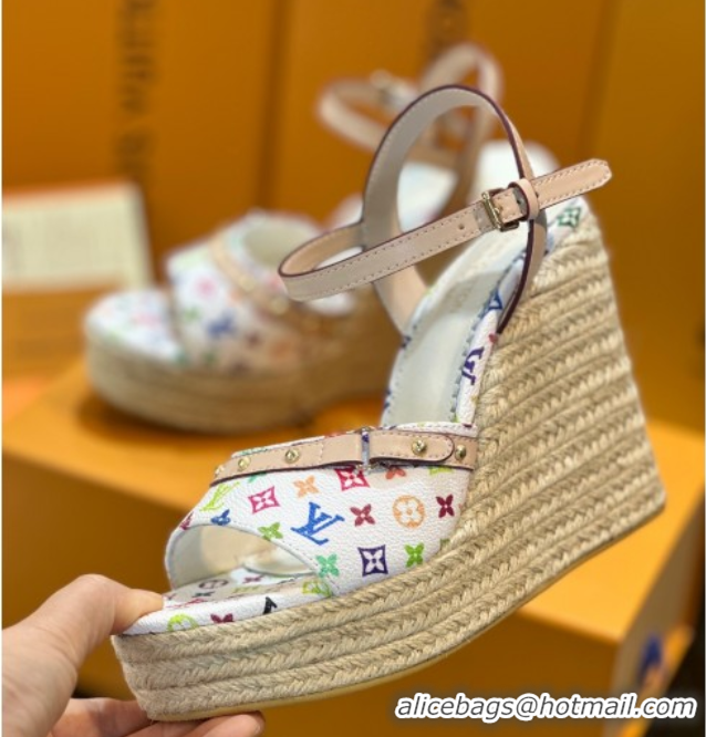 Sophisticated Louis Vuitton LV x TM Helios Wedge Sandals 8cm in Multicolor Monogram Canvas White 0222063