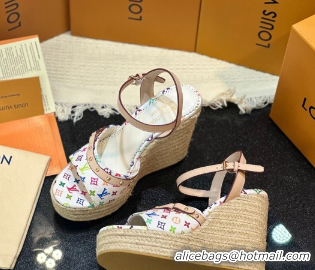 Sophisticated Louis Vuitton LV x TM Helios Wedge Sandals 8cm in Multicolor Monogram Canvas White 0222063