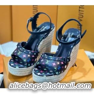 Sophisticated Louis Vuitton LV x TM Helios Wedge Sandals 8cm in Multicolor Monogram Canvas Black 0222064