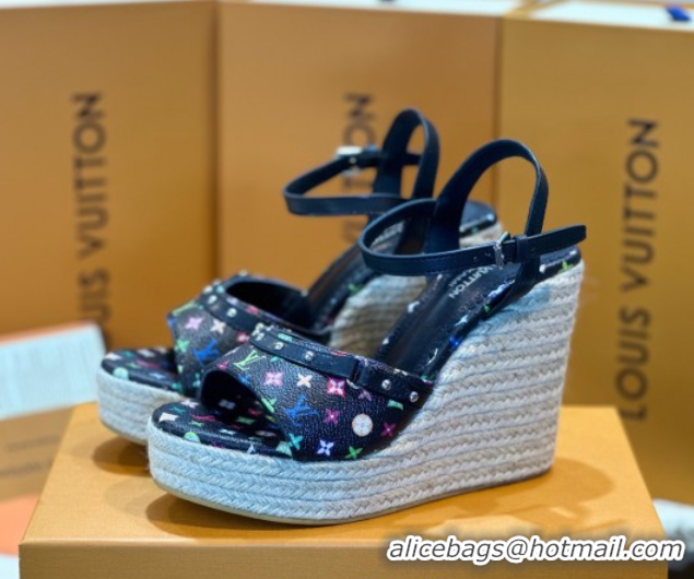 Sophisticated Louis Vuitton LV x TM Helios Wedge Sandals 8cm in Multicolor Monogram Canvas Black 0222064