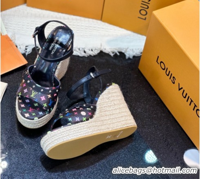 Sophisticated Louis Vuitton LV x TM Helios Wedge Sandals 8cm in Multicolor Monogram Canvas Black 0222064