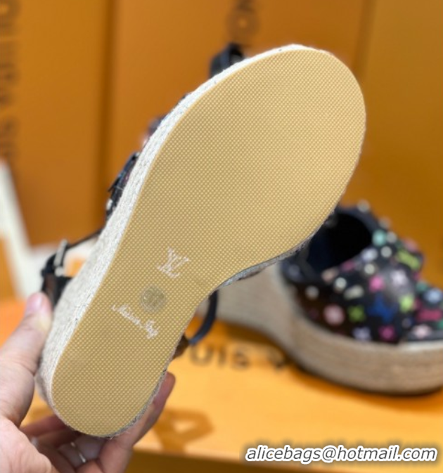 Sophisticated Louis Vuitton LV x TM Helios Wedge Sandals 8cm in Multicolor Monogram Canvas Black 0222064