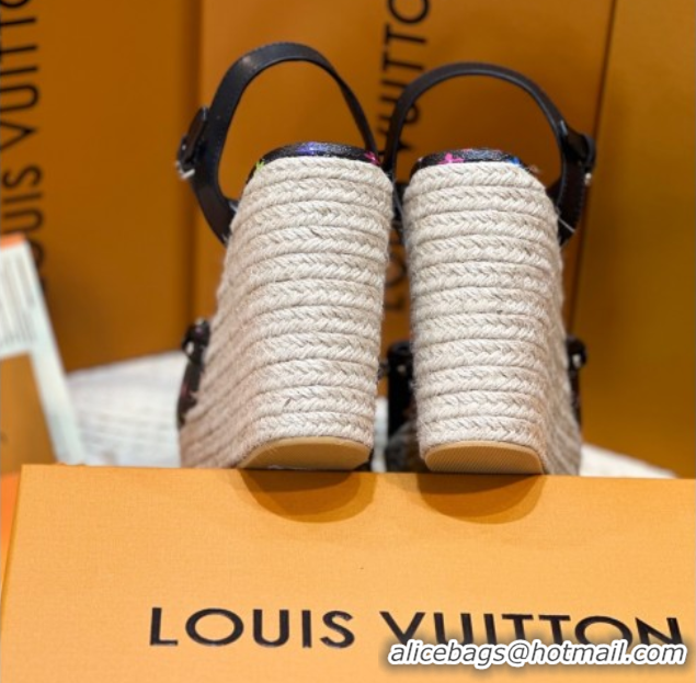 Sophisticated Louis Vuitton LV x TM Helios Wedge Sandals 8cm in Multicolor Monogram Canvas Black 0222064