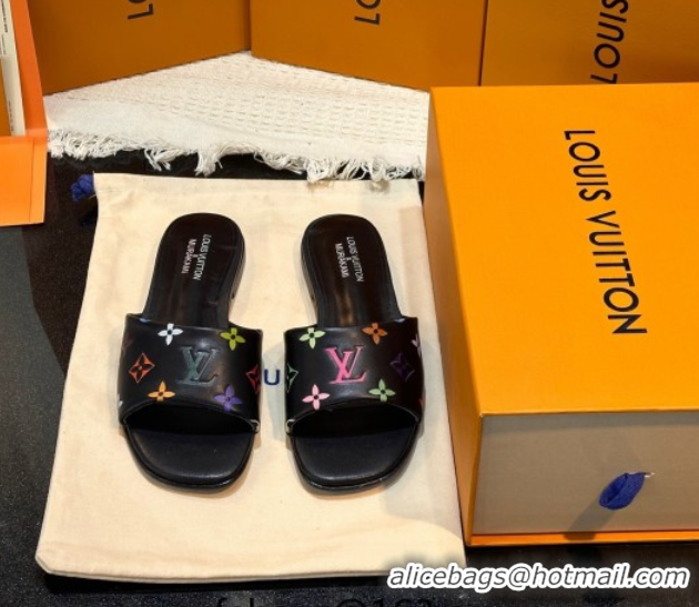Duplicate Louis Vuitton Neo Revival Flat Slides Sandal in Multicolor Monogram Leather Black 0222065