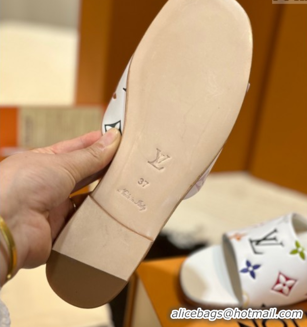 Low Cost Louis Vuitton Neo Revival Flat Slides Sandal in Multicolor Monogram Leather White 0222066