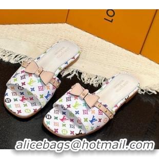 Most Popular Louis Vuitton LV x TM 6AM Flat Slides Sandal in Multicolor Monogram Canvas with Bow White 0222067