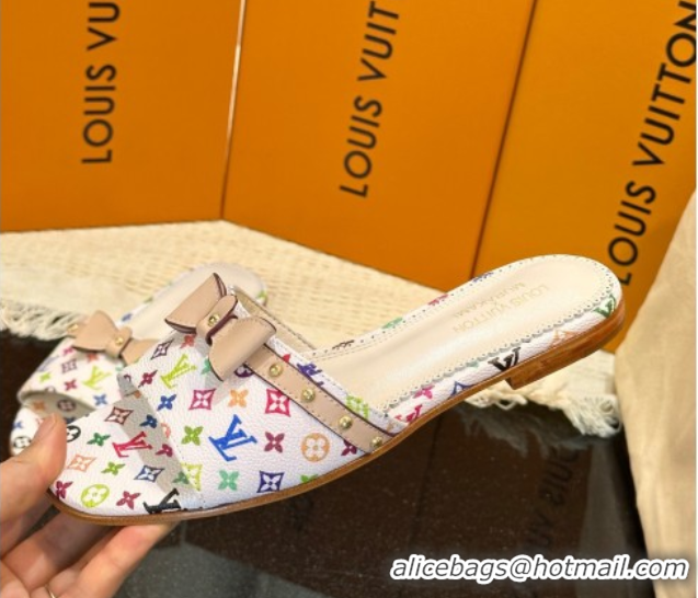 Most Popular Louis Vuitton LV x TM 6AM Flat Slides Sandal in Multicolor Monogram Canvas with Bow White 0222067