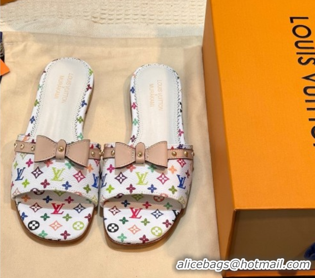 Most Popular Louis Vuitton LV x TM 6AM Flat Slides Sandal in Multicolor Monogram Canvas with Bow White 0222067