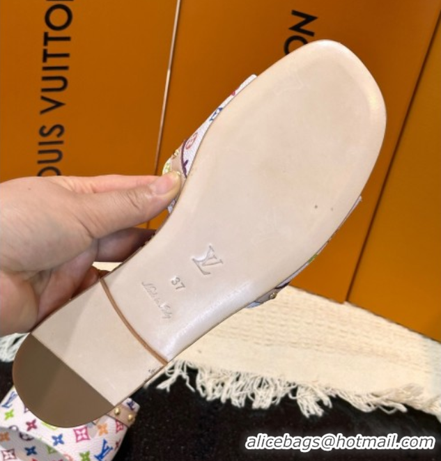 Most Popular Louis Vuitton LV x TM 6AM Flat Slides Sandal in Multicolor Monogram Canvas with Bow White 0222067