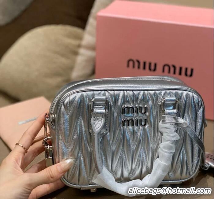 New Discount Miu Miu Arcadie Matelasse Nappa Leather Top Handle Bag Mini 5BP088 Silver