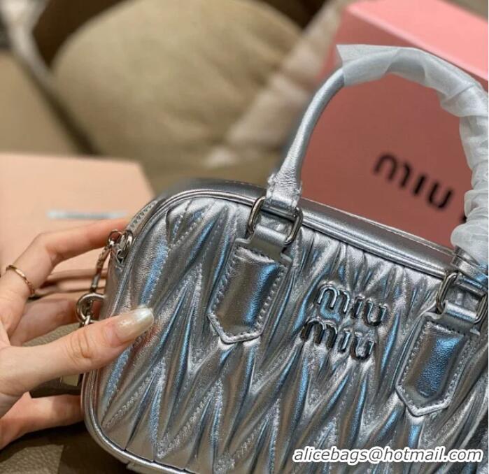 New Discount Miu Miu Arcadie Matelasse Nappa Leather Top Handle Bag Mini 5BP088 Silver