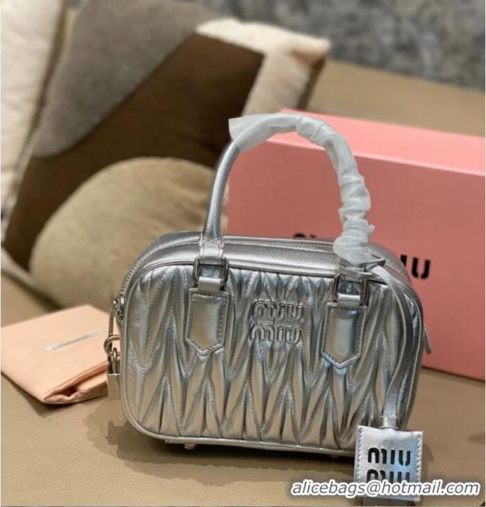 New Discount Miu Miu Arcadie Matelasse Nappa Leather Top Handle Bag Mini 5BP088 Silver