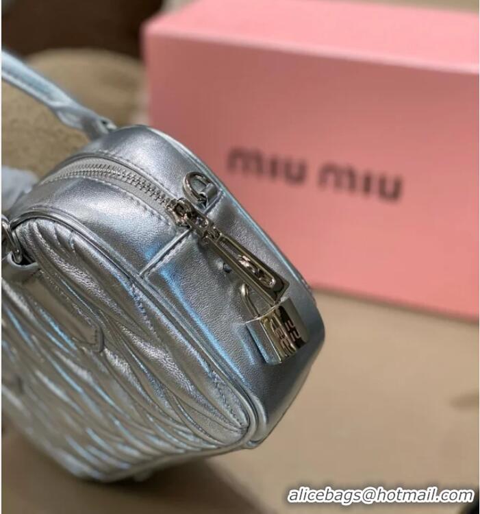 New Discount Miu Miu Arcadie Matelasse Nappa Leather Top Handle Bag Mini 5BP088 Silver