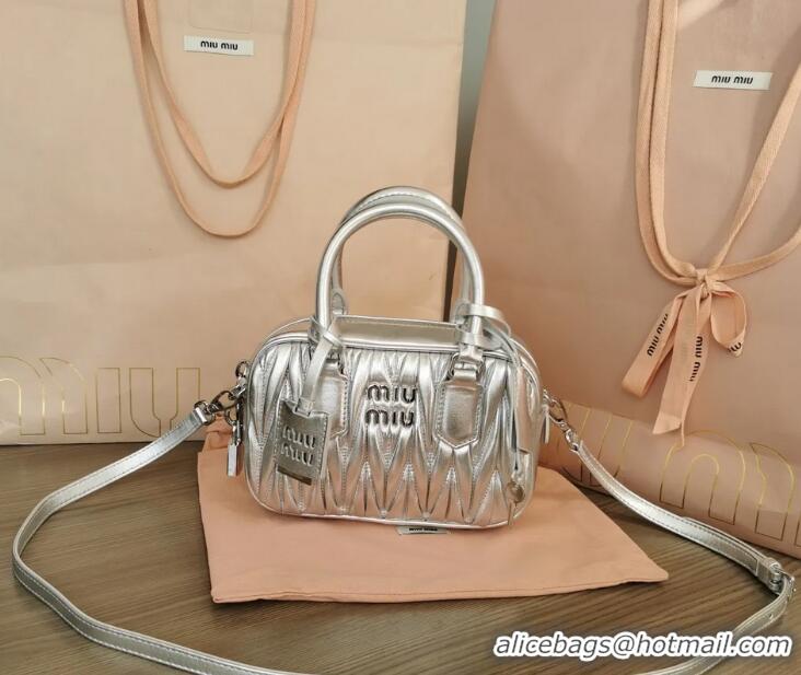New Discount Miu Miu Arcadie Matelasse Nappa Leather Top Handle Bag Mini 5BP088 Silver