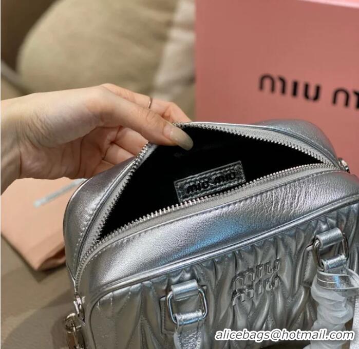 New Discount Miu Miu Arcadie Matelasse Nappa Leather Top Handle Bag Mini 5BP088 Silver