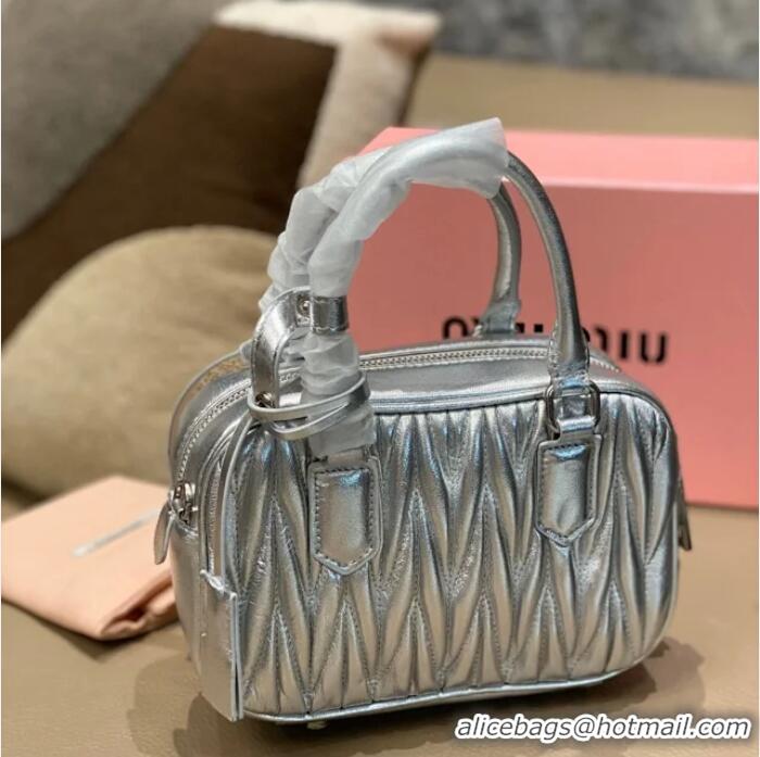 New Discount Miu Miu Arcadie Matelasse Nappa Leather Top Handle Bag Mini 5BP088 Silver