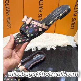 Duplicate Louis Vuitton LV x TM 6AM Flat Slides Sandal in Multicolor Monogram Canvas with Bow Black 0222068