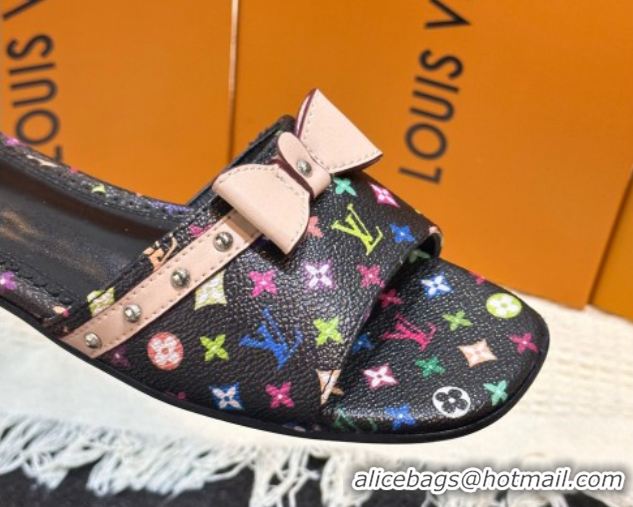Duplicate Louis Vuitton LV x TM 6AM Flat Slides Sandal in Multicolor Monogram Canvas with Bow Black 0222068