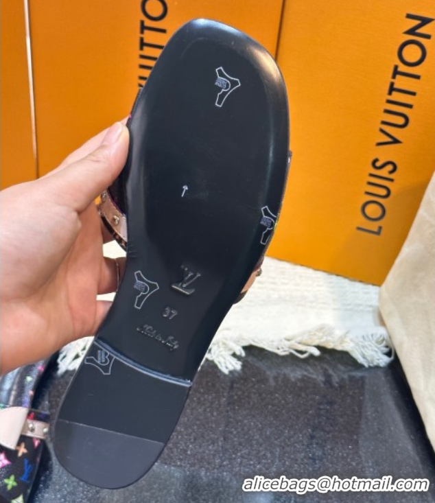 Duplicate Louis Vuitton LV x TM 6AM Flat Slides Sandal in Multicolor Monogram Canvas with Bow Black 0222068