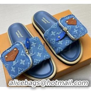 Purchase Louis Vuitton LV x TM Pool Pillow Flat Comfort Slides Sandal in Blue Denim with Pouch 0222073