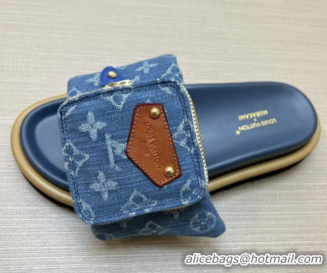 Purchase Louis Vuitton LV x TM Pool Pillow Flat Comfort Slides Sandal in Blue Denim with Pouch 0222073