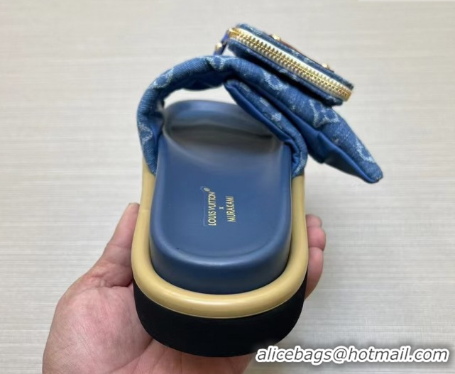 Purchase Louis Vuitton LV x TM Pool Pillow Flat Comfort Slides Sandal in Blue Denim with Pouch 0222073