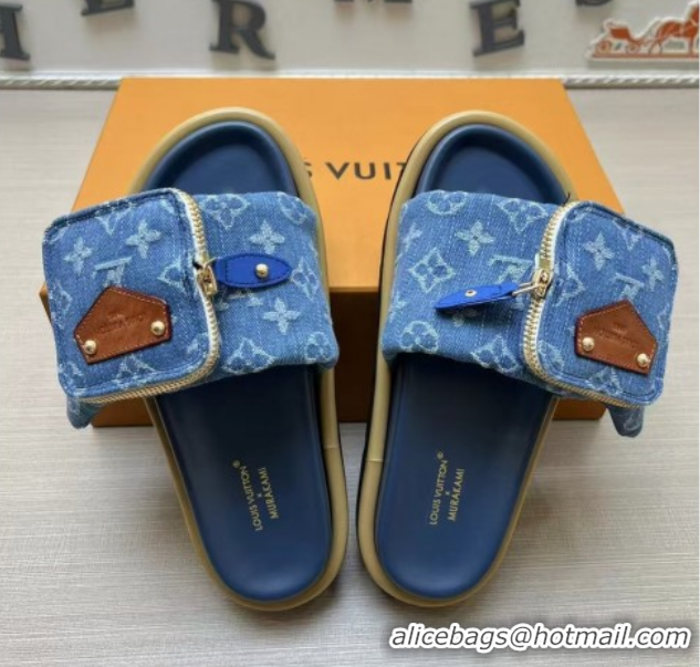 Purchase Louis Vuitton LV x TM Pool Pillow Flat Comfort Slides Sandal in Blue Denim with Pouch 0222073