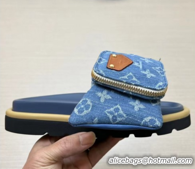 Purchase Louis Vuitton LV x TM Pool Pillow Flat Comfort Slides Sandal in Blue Denim with Pouch 0222073