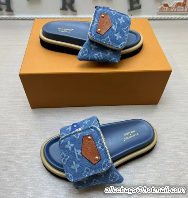 Purchase Louis Vuitton LV x TM Pool Pillow Flat Comfort Slides Sandal in Blue Denim with Pouch 0222073