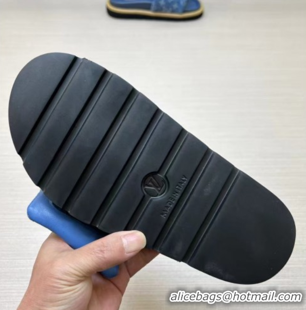 Purchase Louis Vuitton LV x TM Pool Pillow Flat Comfort Slides Sandal in Blue Denim with Pouch 0222073