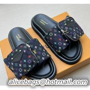 Top Design Louis Vuitton LV x TM Pool Pillow Flat Comfort Slides Sandal in Multicolor Monogram Nylon with Pouch Black 02