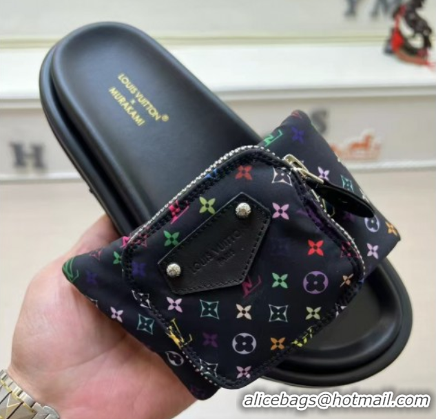 Top Design Louis Vuitton LV x TM Pool Pillow Flat Comfort Slides Sandal in Multicolor Monogram Nylon with Pouch Black 02