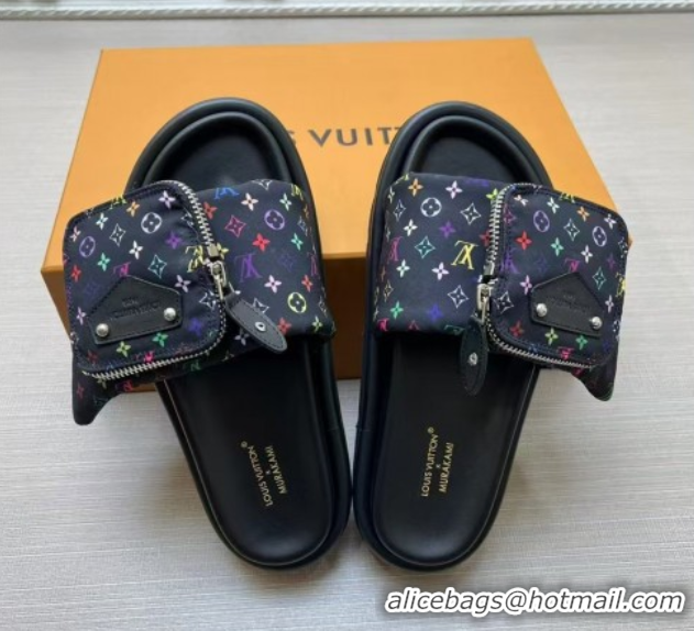Top Design Louis Vuitton LV x TM Pool Pillow Flat Comfort Slides Sandal in Multicolor Monogram Nylon with Pouch Black 02