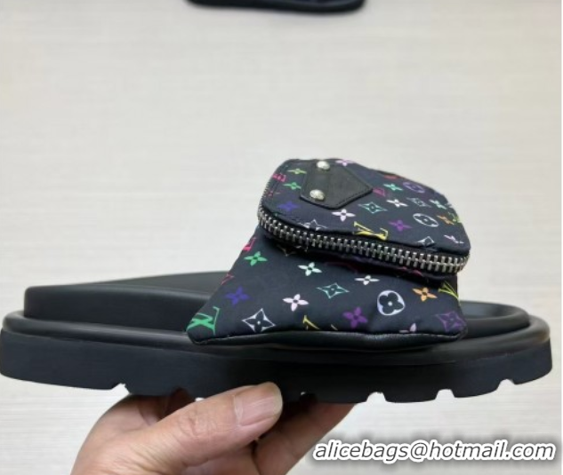 Top Design Louis Vuitton LV x TM Pool Pillow Flat Comfort Slides Sandal in Multicolor Monogram Nylon with Pouch Black 02