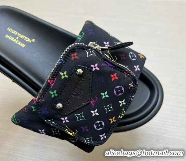 Top Design Louis Vuitton LV x TM Pool Pillow Flat Comfort Slides Sandal in Multicolor Monogram Nylon with Pouch Black 02